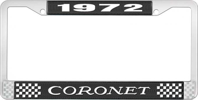 OER 1972 Coronet License Plate Frame - Black and Chrome with White Lettering LF120472A