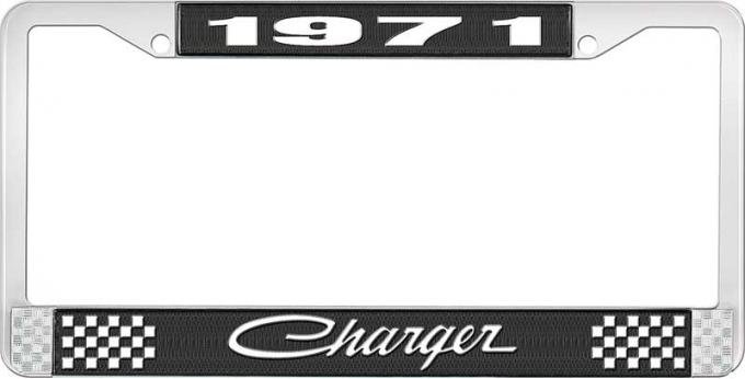 OER 1971 Charger License Plate Frame - Black and Chrome with White Lettering LF120571A