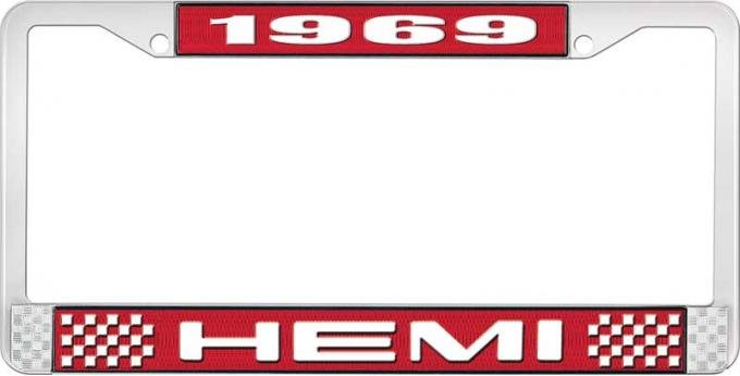 OER 1969 Hemi License Plate Frame - Red and Chrome with White Lettering LF122269C