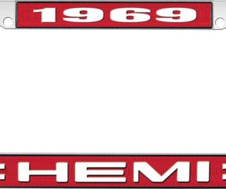 OER 1969 Hemi License Plate Frame - Red and Chrome with White Lettering LF122269C