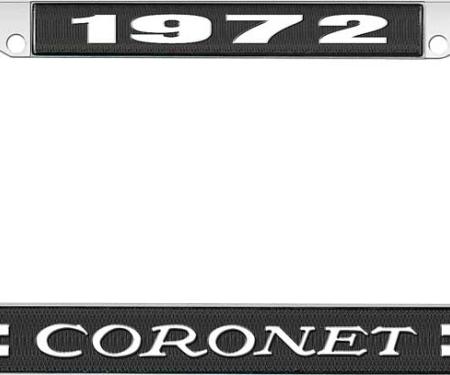 OER 1972 Coronet License Plate Frame - Black and Chrome with White Lettering LF120472A