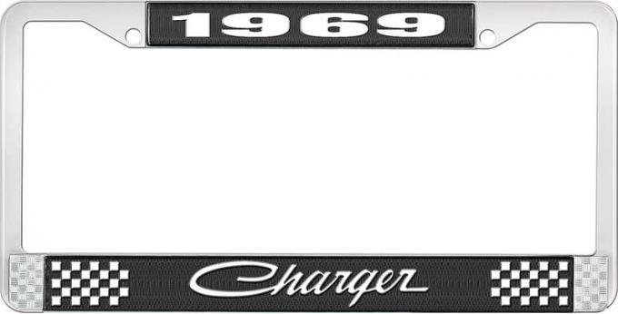 OER 1969 Charger License Plate Frame - Black and Chrome with White Lettering LF120569A