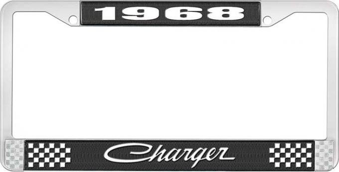 OER 1968 Charger License Plate Frame - Black and Chrome with White Lettering LF120568A