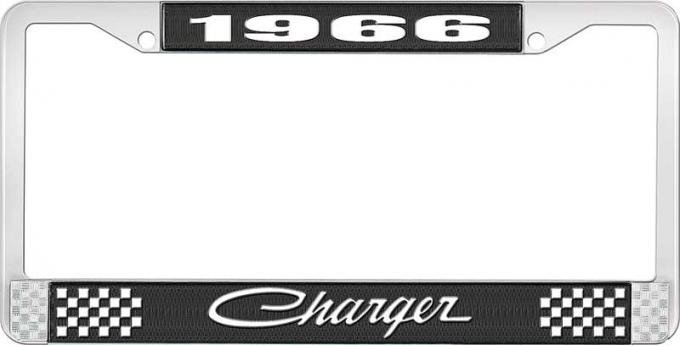 OER 1966 Charger License Plate Frame - Black and Chrome with White Lettering LF120566A