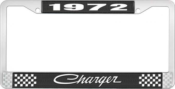 OER 1972 Charger License Plate Frame - Black and Chrome with White Lettering LF120572A