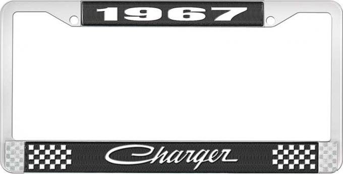 OER 1967 Charger License Plate Frame - Black and Chrome with White Lettering LF120567A