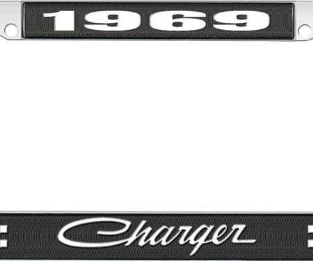 OER 1969 Charger License Plate Frame - Black and Chrome with White Lettering LF120569A